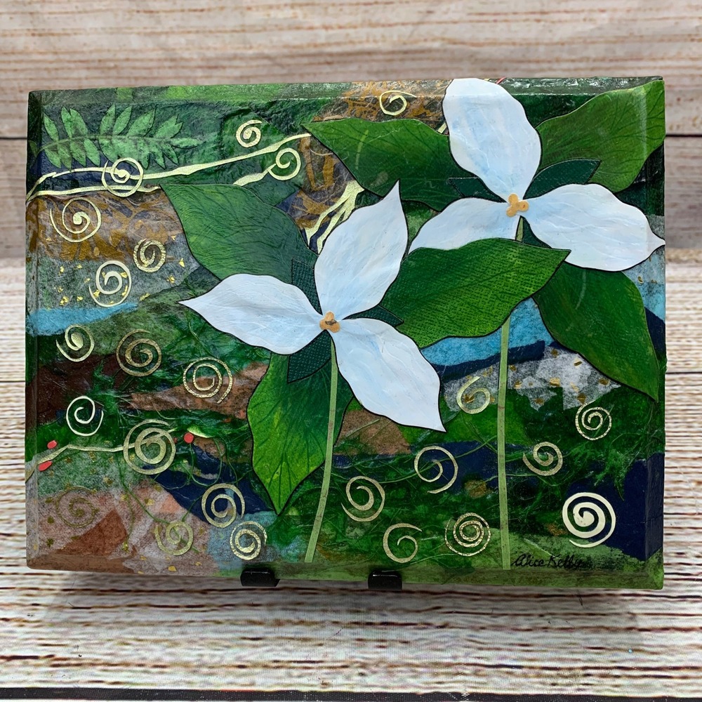 Alice Kelly Twin Trillium Twirls Torn‎ Cut Paper Art on Wood Plank 2015 Original